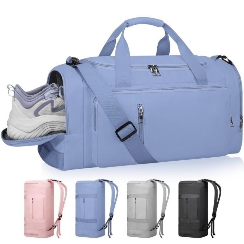 New 40L Carry On Travel Duffel Bag w Shoe Compartment & Luggage Sleeve - Blue